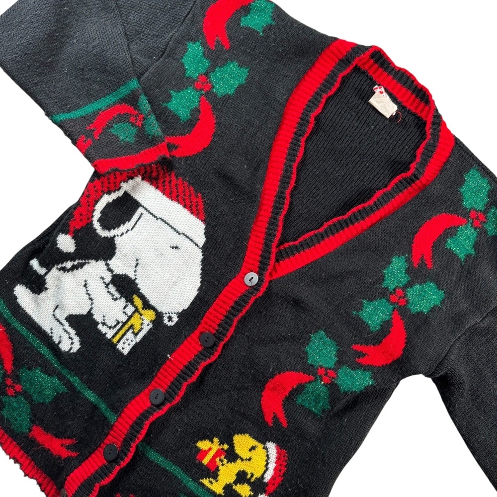 VTG Snoopy‎ & Friends Christmas Cardigan Sweater Black Sz S USA Made GrannyCore
